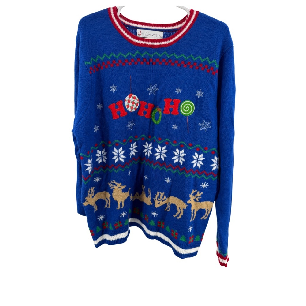 Jolly Sweaters Womens Blue Ho Ho Ho Holiday Sweater Reindeer XL Christmas ugly